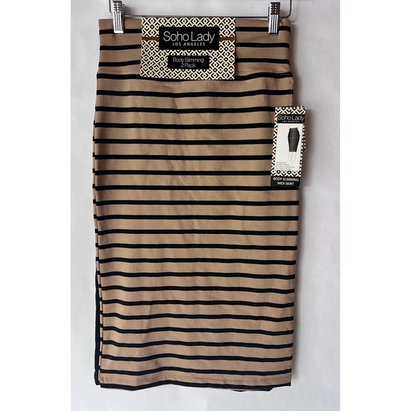 Soho Lady Body Slimming Midi Skirt Set 2 Beige Black Striped NEW Women Medium - Picture 1 of 7